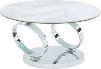 Vente-Unique Mesa de centro con tableros pivotantes JOLINE - Cer&aacute;mica y cristal templado - Blanco con efecto m&aacute;rmol