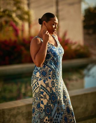 Live Unlimited London Womens Blue Tile Print Bias Slip Dress - Size: 14