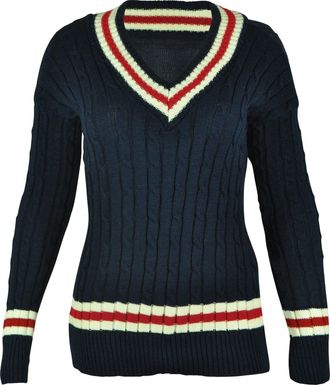 Purple Hanger Womens New Long Sleeves Ladies Cable Knitted V Neck Stretch Cricket Sweater Jumper Top Plus Size Navy Blue Size 16 - 18