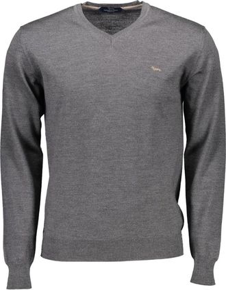 Harmont & Blaine Grijze Wollen Trui- Lange Mouwen- V-hals- Logo - Heren - V-hals truien - Grijs - 2XL - Wol - Truien & Vesten