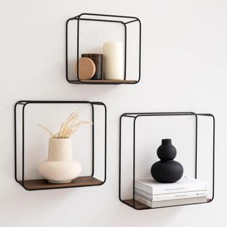 OEM Estantes De Pared - Jona - Juego De 3 Piezas De Metal Y Chapa De Madera Aut&eacute;ntica Para Decoraci&oacute;n, Almacenamiento Y Librer&iacute;a En Ba&ntilde;o, Sala De Estar, C