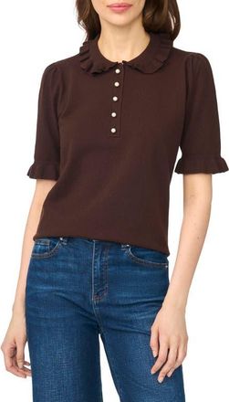 CeCe by Cynthia Steffe Ruffle Collar Short Sleeve Polo Sweater in Coffee Bean at Nordstrom, Size X-Small