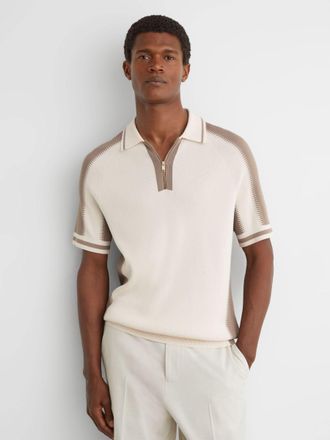 Reiss Ecru & taupe Colour-block Half-zip Knitted Polo Shirt, Xxl
