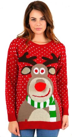 Crazy Girls Womens Ladies Reindeer Pom Pom Merry Christmas Snowflakes Jumper Knitted Xmas Sweater Top UK 8-22 (12-14, Red)
