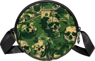 Generic Circle Crossbody Bag for Women, Camouflage Skull Small Sling Bag Daypack with Zipper Adjustable Shoulder Straps Casual Ladies Girls Round Purse