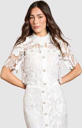 Coast Lace Detail Short Sleeve Collared Shirt in Ivory at Nordstrom, Size 10