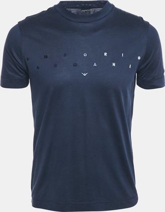 Emporio Armani Navy Blue Logo Embroidered Cotton Crewneck T-Shirt