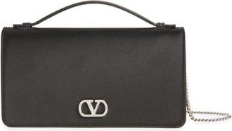 Valentino Garavani VLOGO Chain Strap Satin Wallet in Black/Crystal at Nordstrom