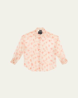 R13 Pintuck Drop-Neck Heart-Print Silk Shirt