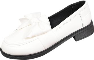 Generic White Ladies British Patent Leather Bow Flat Loafers for Fall and Winter Outdoor Shoes with Comfortable Fit and Sturdy Construction
