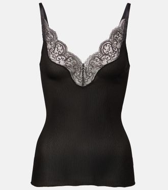 Saint Laurent Top lencero acanalado de seda con encaje