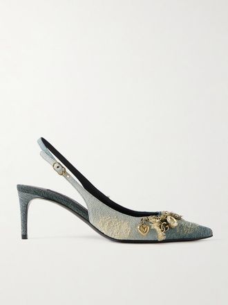 Dolce & Gabbana D&eacute;collet&eacute; Slingback In Denim Sfrangiato Effetto Consumato Con Decorazioni - Blu