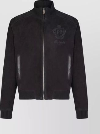 Balmain suede leather embroidered bomber jacket