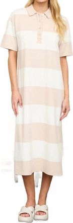 J.O.A. Wide Stripe Collared Short Sleeve Midi Shirt Dress In Khaki