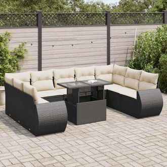 vidaXL Set De Sof&aacute;s De Jard&iacute;n Y Cojines 10 Pzas Rat&aacute;n Sint&eacute;tico Negro Vidaxl