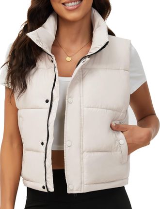 Fengbay Sleeveless Puffer Vest for Women Warm Stand Collar Down Vest Bubble Padded Gilet Coat Quilted Puffy Cropped Outerwear, Puffer Vest_beige, Small