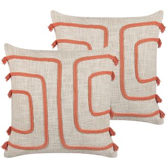 Beliani Conjunto De 2 Cojines De Algod&oacute;n Beige Claro Naranja 45 X 45 Cm Abstracto Pleione