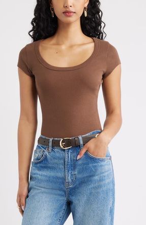 Open Edit Scoop Neck Stretch Cotton T-Shirt in Brown Terra at Nordstrom, Size Xx-Small