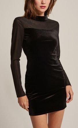 Crescent Mock Neck Mixed Media Velvet Mini Dress in Black at Nordstrom, Size Medium