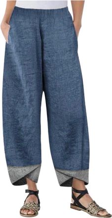 Generic Linen Trousers Womens 7/8 Length Lightweight Summer Trousers Beach Trousers Vintage Harem Trousers High Waist Plain Casual Trousers with Pocket Comfor