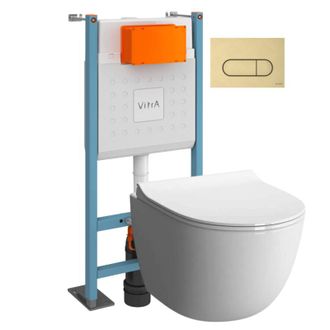 Vitra Conjunto De Inodoro Suspendido Vitra Sento En Blanco Brillante + Marco Autoportante V-fix Core + Placa De Descarga Redonda En Oro Cepillado