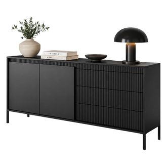 Dmora Credenza Hatone, Aparador 3 Cajones, 2 Estantes, Apertura De Batiente, Deslizable, 187x40x81h Cm Negro