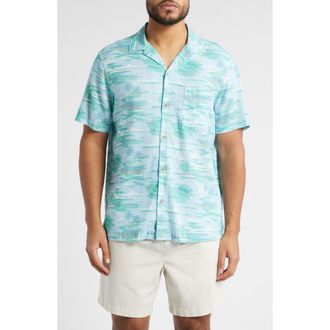 Vineyard Vines Island Life Print Linen Blend Camp Shirt in Ice Water at Nordstrom Rack, Size Medium