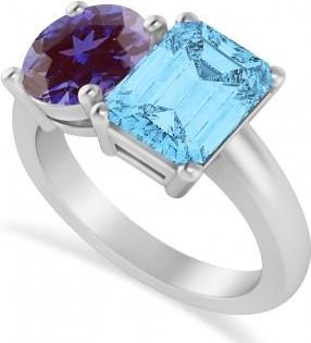 Allurez Emerald/Round Lab Alexandrite & Blue Topaz Toi et Moi Ring 14k White Gold (4.50ct)