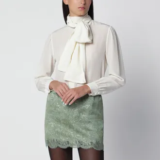 Saint Laurent Chalk silk lavalli&egrave;re-neck blouse