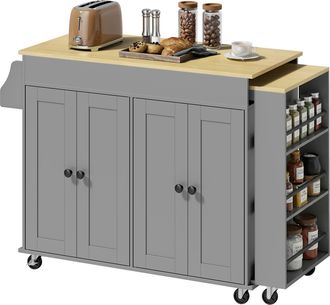 HOMCOM Homcom Isla De Cocina Con Ruedas, Encimera Extensible, 4 Puertas, Estantes Ajustables, Estanter&iacute;a Lateral Abierta, Especiero Y Soporte Para Toallas