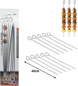 Trade Shop Trade Shop - Set 10 Pz Spiedini In Acciaio Per Barbecue Bbq Piastra Cucina Lunghezza 40cm