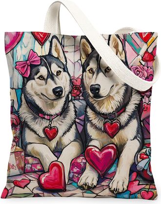 Generic Valentines Day Pitbull Dog Canvas Tote Bag for Shopping 13x15, Stained Glass Puppy Reusable Grocery Print Bag for Women, Couple Beach Aesthetic Painti