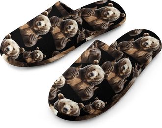 Generic Gray Bear Flannel Mens Slip-on Slippers Winter Warm House Shoes with Rubber Sole for Home Hotel