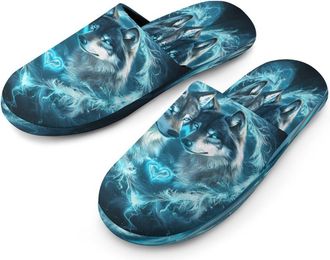 Generic Wolf Mens Flannel Slipper Soft Non Slip House Shoes Comfy Winter Warm Indoor Outdoor Slippers