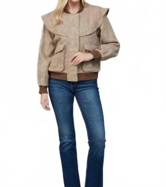 Fate Perforated Pattern Ruffle Detail Bomber Jacket In Beige