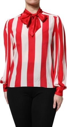 Dolce & Gabbana Womens Red White Stripes Ascot Collar Blouse Top And Silk