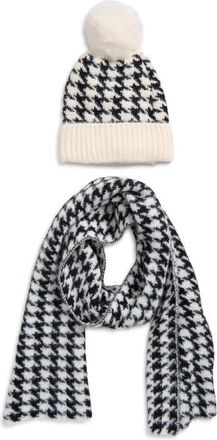 Tasha Pompom Beanie & Scarf Set in Black/White at Nordstrom