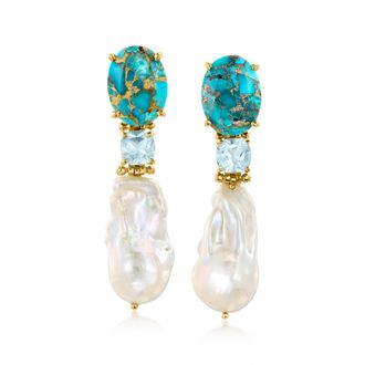 Ross-Simons 12-13mm Cultured Pearl and Sky Blue Topaz Drop Earrings With Turquoise in 18kt Gold Over Sterling