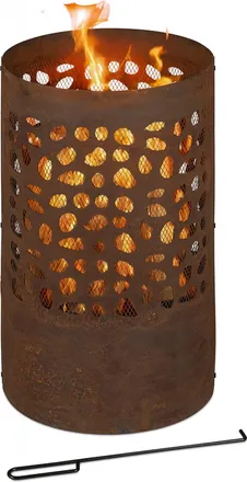 Relaxdays Relaxdays - Brasero Cil&iacute;ndrico Con Protector, Atizador Y Parrilla, Brasero De Exteriores, 60x37 Cm, Acero Corten, Marr&oacute;n