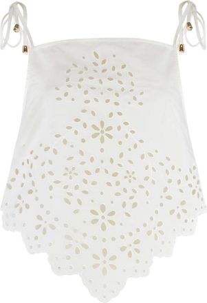 Self Portrait Tops, Dames, Wit, S, Katoen, Katoenen Geborduurde Top met Strikbandjes