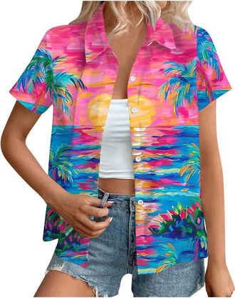 Generic Hawaiian Button Down Shirts Women Sale,Summer Floral Printed Short Sleeve Blouses 2025 Trendy Loose Lapel Soft Cool Beach Vacation Tops Boho Going Out