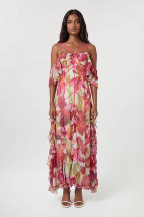 Karen Millen Womens Crinkle Floral Print Beaded Cold Shoulder Maxi Dress - Size 14 UK
