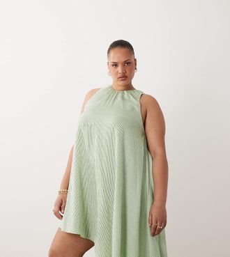 Asos Curve ASOS DESIGN Curve - Vestito corto voluminoso con fondo asimmetrico verde a righe-Multi