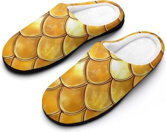 Generic Golden Shiny Dragon Scale Mens Slippers Slip On Comfortable Fleece Cotton House Shoes Winter