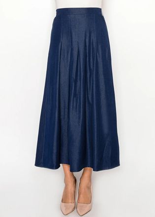 YAL New York Navy Denim-Look Skirt with Front Pleats Midi
