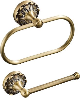 OEM Juego De 2 Portarrollos De Papel Higi&eacute;nico De Lat&oacute;n, 21 Cm - Acabado En Cobre Dorado - Con Anilla Para Toallas - Soporte De Pared De Lat&oacute;n Antiguo
