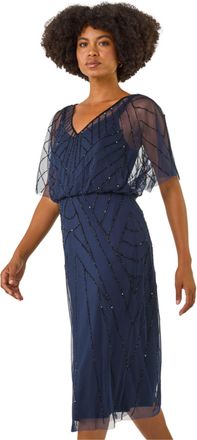 Roman Womens Beaded V-Neck Midi Dress - Navy - Size 16 UK