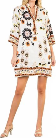THML Clothing Floral Border Print Split Neck Tunic Dress In White
