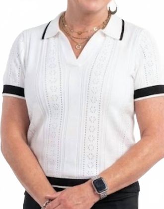 Tribal Short Sleeve Polo Sweater With Stripes Detail In White