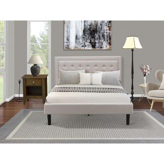 East West Furniture FN08Q-1GA08 2-Piece Fannin Bed Set with 1 Queen Size Bed and a Mid Century Nightstand - Mist Beige Linen Fabric